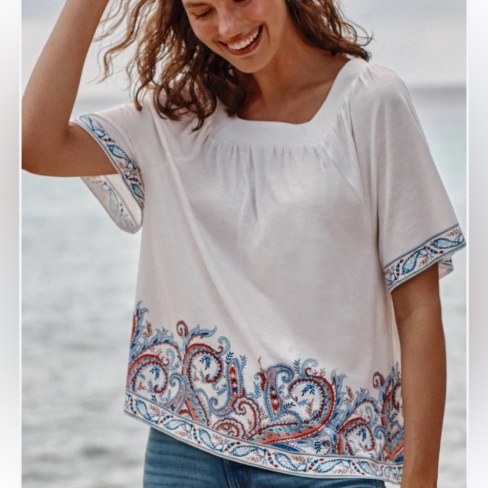 J.Jill M P Paisley White Print Square-neck Cotton Elbow-sleeve Top New No Tag
